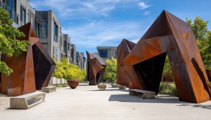 Modern plaza features rusted metal sculptures and urban landscaping