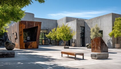 Modern museum exterior with sculptures and landscaping