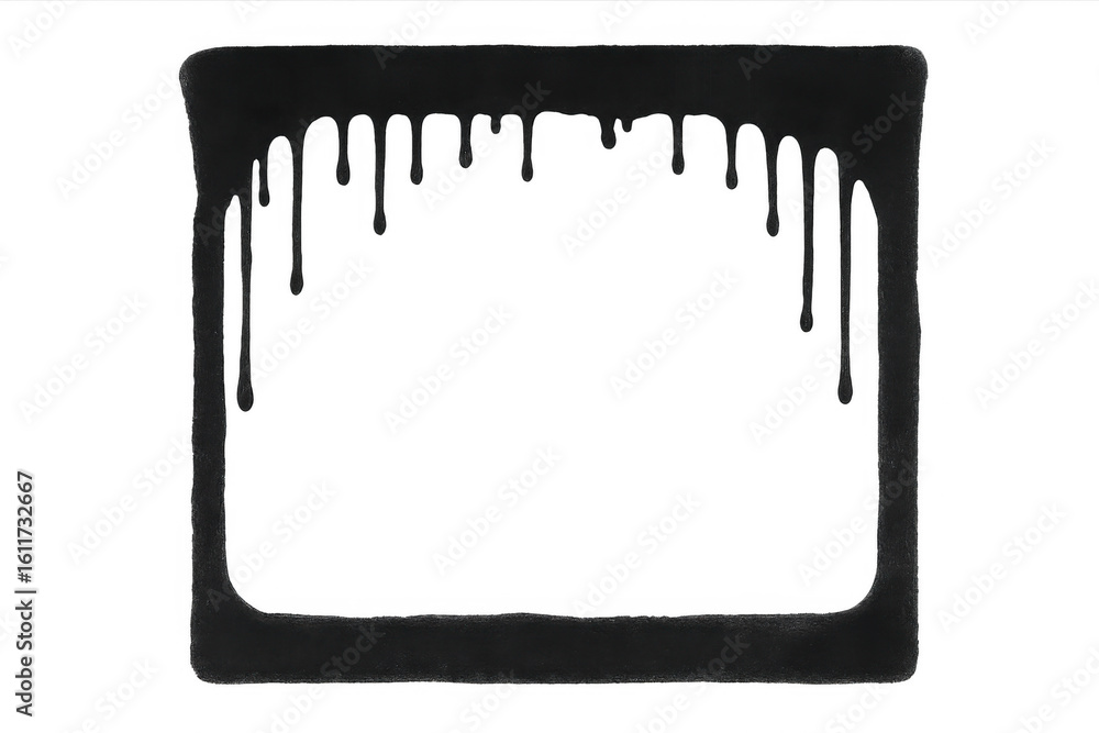 Poster black paint dripping from a rectangular frame on transparent background