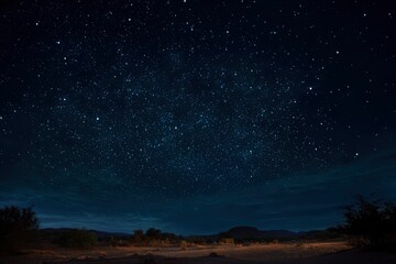 Fototapeta premium Starry night sky view over a desert landscape with mountains and sparse vegetation
