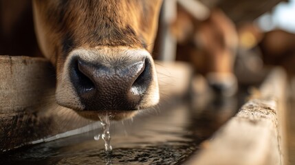 Fototapeta premium Healthy cow drinking water from farm trough. Healthy livestock. Sustainable farming concept