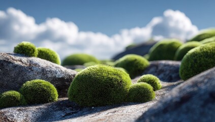 Mossy rocks under a blue sky with fluffy clouds