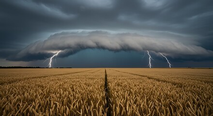 Dramatic Lightning Strikes Over Wheat Field Under Stormy, Threatening Sky