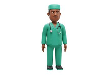 3D Rendering of a Male Doctor in Green Scrubs with Stethoscope on Transparent Background