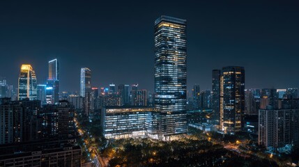 Night cityscape with illuminated skyscrapers and urban lights