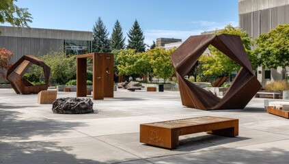 Outdoor sculpture park features modern metal art and architecture