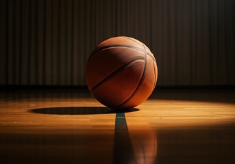Obraz premium Orange basketball resting on polished wooden court with dark background sport game