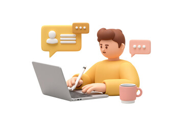 Cartoon Man Working On Laptop With Speech Bubbles Isolated On Transparent Background