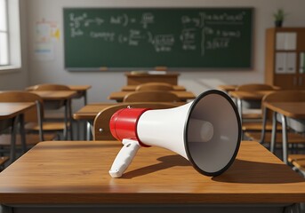 Red and white megaphone rests on a wooden desk in an empty classroom announcement