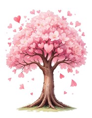 A Heartfelt Springtime: Pink Blossom Tree with Falling Hearts