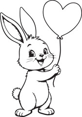 cute minimalist black and white line art of a bunny rabbit with balloon simple outlined drawing illustration vector printable on transparent background