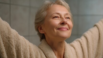Joyful Senior Woman Embracing Life in Cozy Bathrobe at Home
