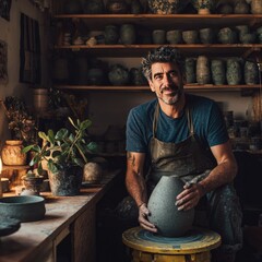 Potter working on a wheel in a studio workshop