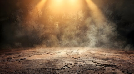 Empty stage lit by a spotlight, dramatic lighting on cracked earth floor and smoky background