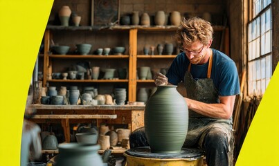 Potter working on ceramic vase in workshop studio