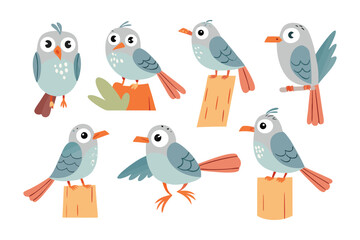 Whimsical Bird Collection: A charming assortment of illustrated birds, each with a unique pose, perch on wooden blocks, bringing a touch of lighthearted joy and creative inspiration.