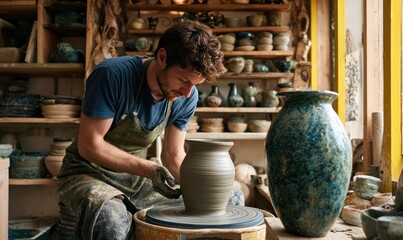 Potter working on pottery wheel in workshop studio