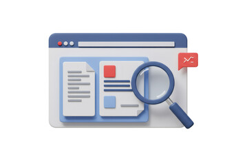 Magnifying Glass Examines Data on White Browser Window with Blue Accents in 3D Render