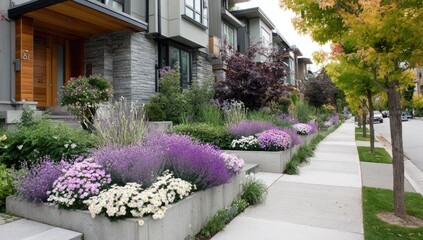 Residential street landscaping with flower beds and trees