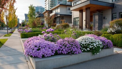 Residential street landscaping with flowers and modern houses