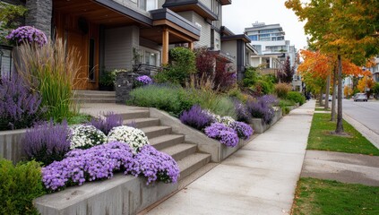 Residential street landscaping with stairs and flowers