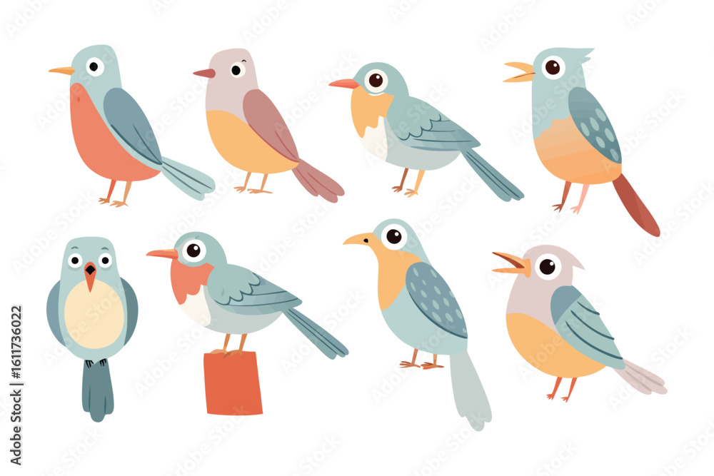 Poster colorful avian variety: a collection of charming, vibrant illustrations showcasing a diverse array o