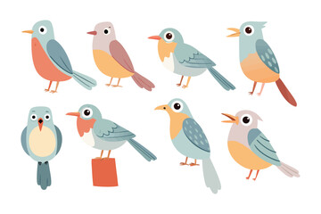Colorful Avian Variety: A collection of charming, vibrant illustrations showcasing a diverse array of stylized birds, each with unique characteristics.