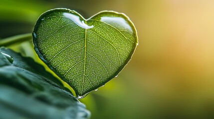 Heart-Shaped Leaf with Water Droplets on Lush Green Background for Nature and Love Concept, Soft sunlight and blur effect create a peaceful, romantic nature-inspired atmosphere.