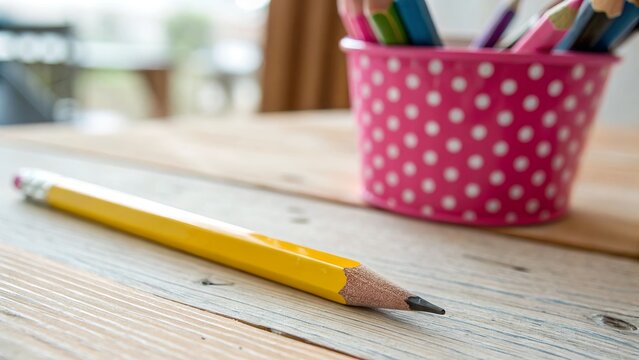 A single yellow pencil rests on a wooden desk with a colorful pencil holder in the background - Powered by Adobe