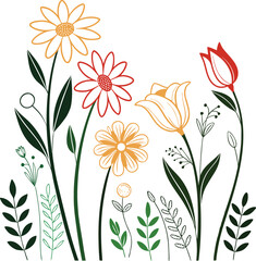 Colorful wildflower garden illustration with tulips and daisies, showcasing elegant floral line art design perfect for spring decor, botanical pattern, and natural vector artwork.