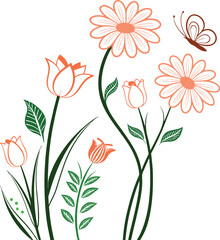 Beautiful floral illustration with blooming daisies, tulips, and butterfly, perfect for spring vector design, garden artwork, and decorative botanical elements for print or digital projects.