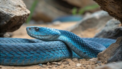 Fototapeta premium Blue Snake Relaxing Among Rocks in Natural Habitat