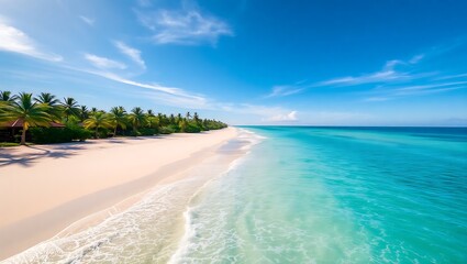 Obraz premium Aerial View of Tropical Beach with Palm Trees, Turquoise Water, Blue Sky, and Scenic Coastline