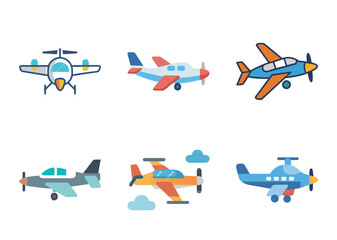 Collection of six vector cartoon Bundle airplanes in various colors and styles
