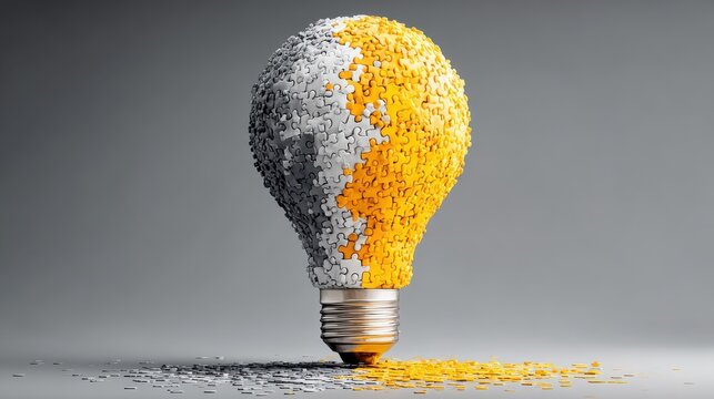 Puzzle-constructed bulb in contemporary colors representing inventive solutions for R&D reports, innovation labs, or teamwork resources.