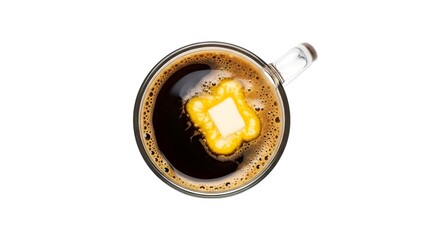 Bulletproof Keto Coffee with Melting Butter, a High-Fat Drink for Energy and Focus, Isolated on White Background.