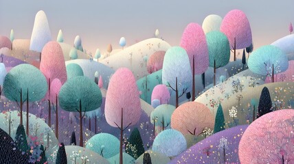 pastel color landscape with trees