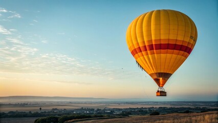 Obraz premium Vibrant Yellow Hot Air Balloon Floating Above Scenic Landscape at Sunrise
