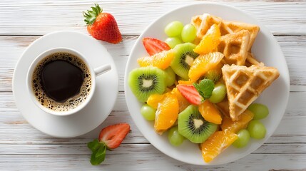 A plate of waffles with fruit and coffee.