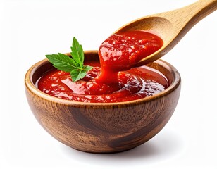 Fresh homemade tomato sauce in a wooden bowl with basil leaves and a wooden spoon showing the rich, vibrant, and thick texture of natural cooked tomato puree