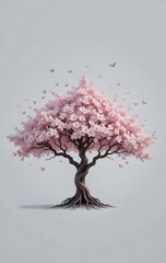 Serene Springtime: A Blossoming Cherry Tree with Butterflies