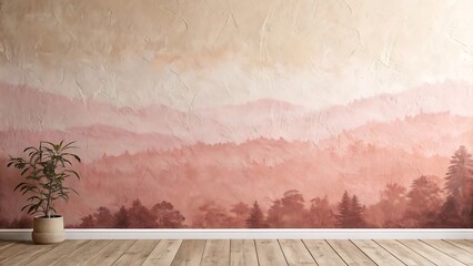 Empty room with a gradient beige and pink canvas textured wall mural of a misty mountain forest landscape.