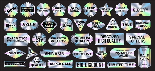 Group of paper sticker, emblem, price tag and label with holographic rainbow effect. Business offer, discount, black friday sale and product marketing plastic badge with metal texture and neon light.