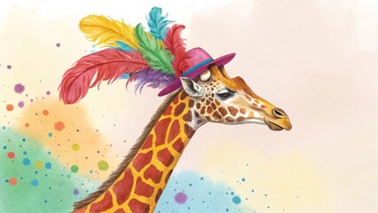 Colorful Giraffe with Hat and Feathers in Artistic Style