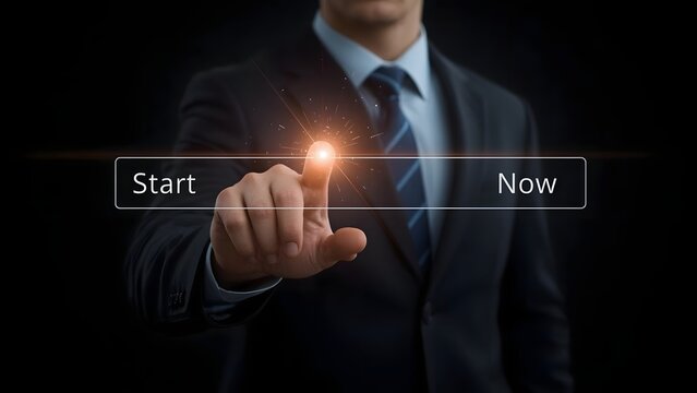 Businessman initiating data transfer or system process, indicated by a glowing orange loading progress bar on a futuristic interface.