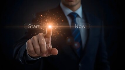 Businessman initiating data transfer or system process, indicated by a glowing orange loading progress bar on a futuristic interface.