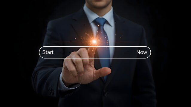 Businessman initiating data transfer or system process, indicated by a glowing orange loading progress bar on a futuristic interface. - Powered by Adobe