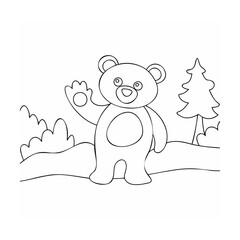 Friendly bear waving in a forest scene trees bushes