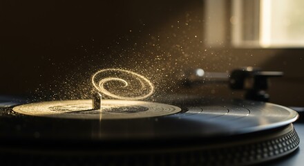 Obraz premium Golden dust swirls above a vintage vinyl record player in soft light