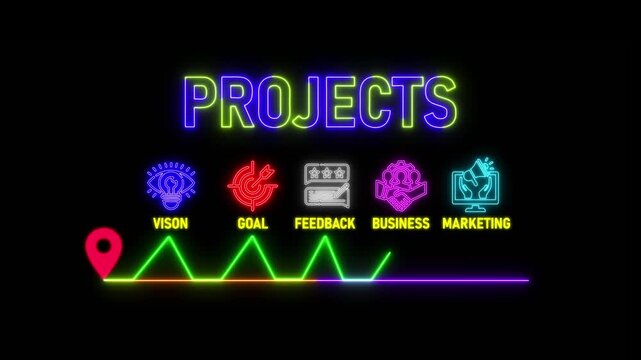 glowing neon process concept with thin line icons on black background. Infographic design. Chart with animated icons.